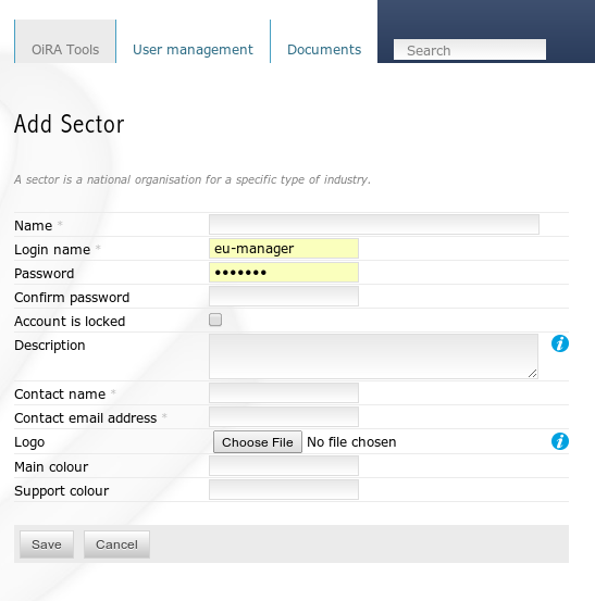 The 'Add Sector' form