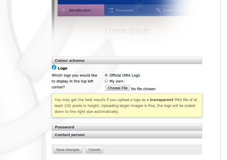 The OiRA CMS login form