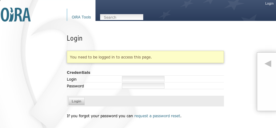 The OiRA CMS login form