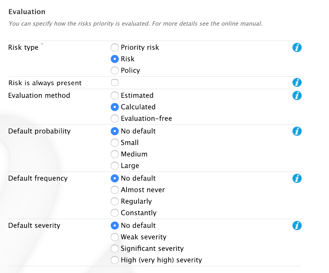 The “Add Risk” form, middle part (Evaluation)