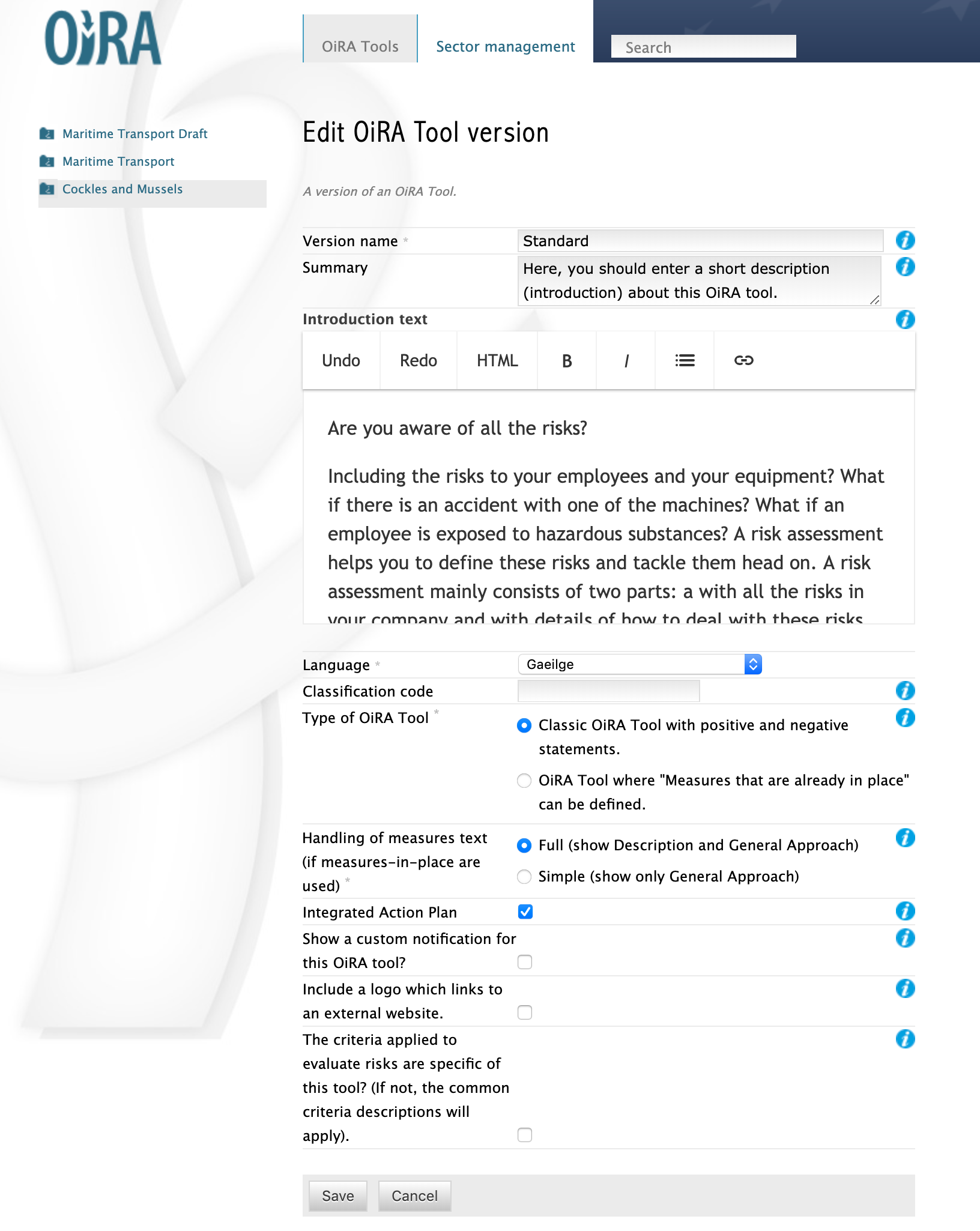 An OiRA tool version edit form